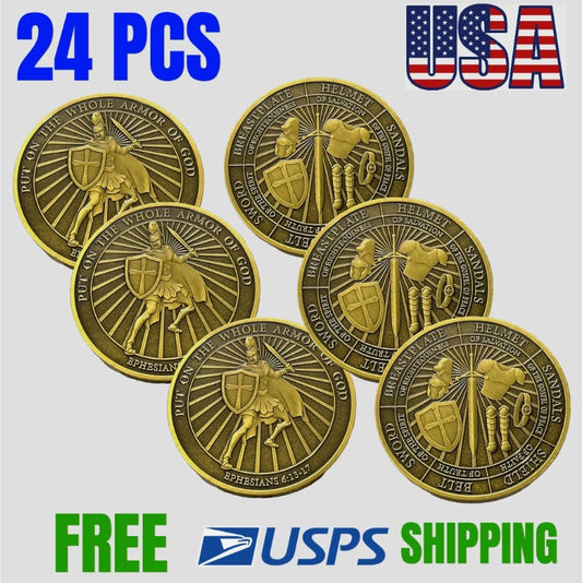 Armor of God Challenge Coin – Put On the Whole Armor of God Antique Bronze Ephesians 6:13-17 (24 Pack)