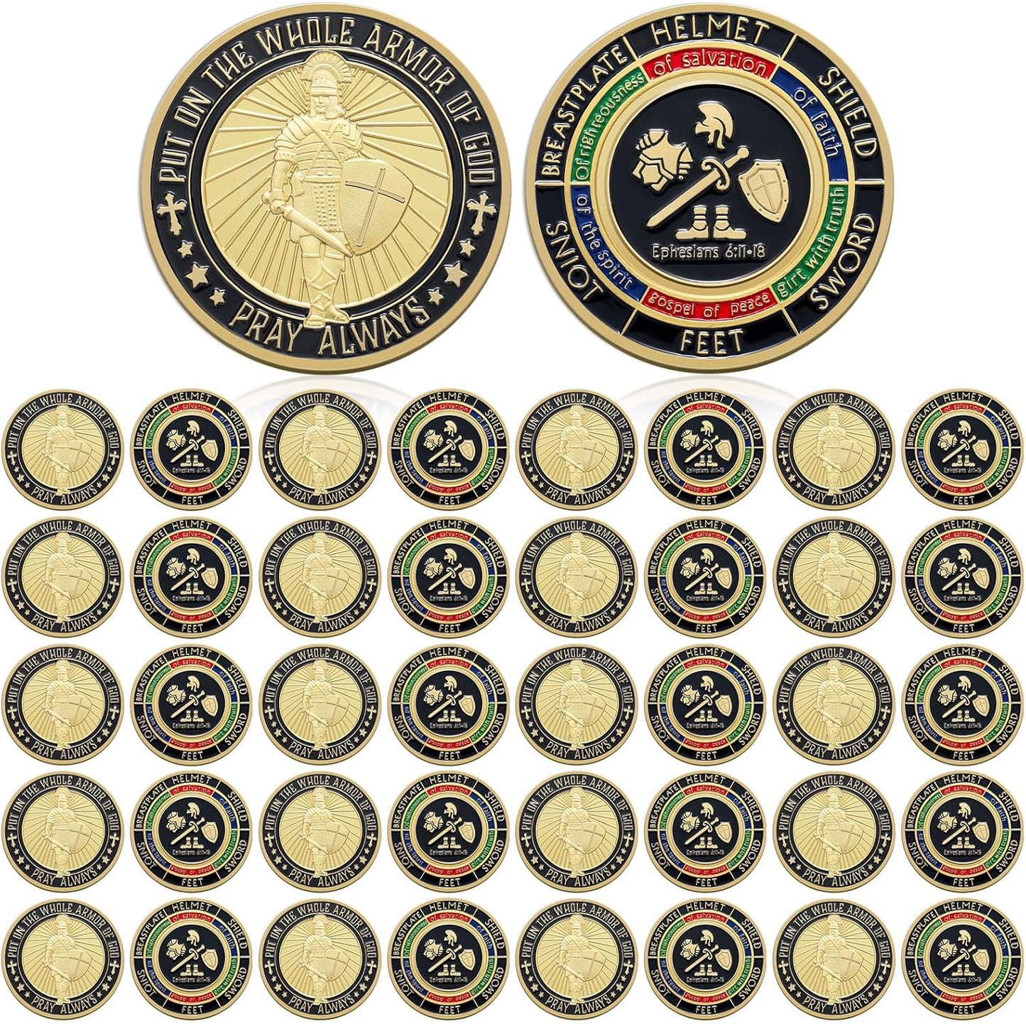 Armor of God Challenge Coin – Ephesians 6:11-18 Classic Gold Edition • Pray Always (40 Pack)