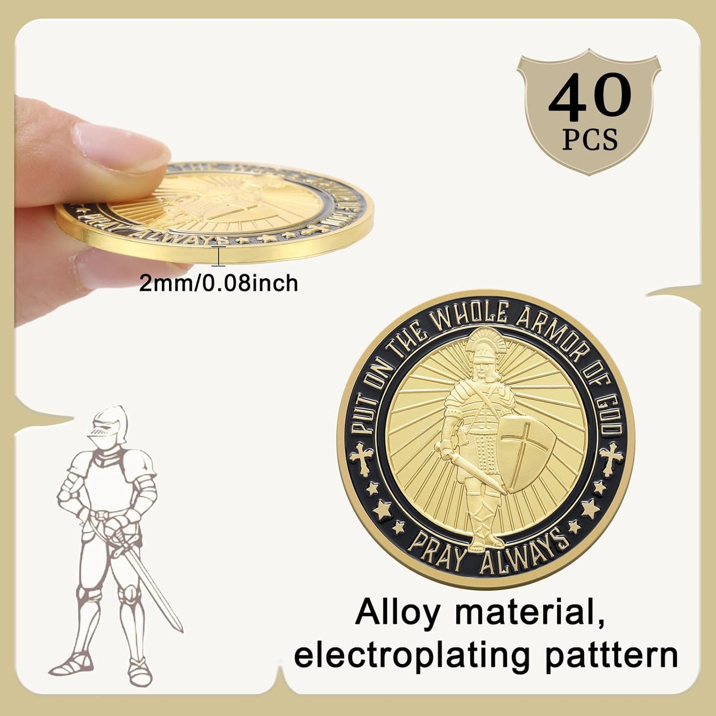 Armor of God Challenge Coin – Ephesians 6:11-18 Classic Gold Edition • Pray Always (40 Pack)