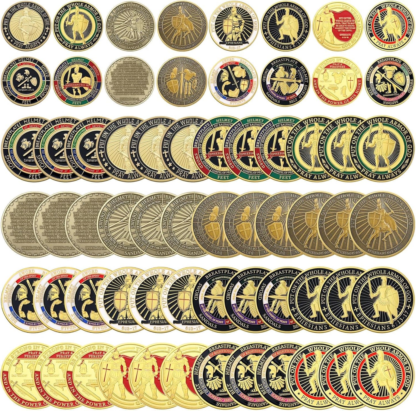 Armor of God Challenge Coin Set – 8 Styles Ephesians 6:13-17 • Pray Always (40 Pack)