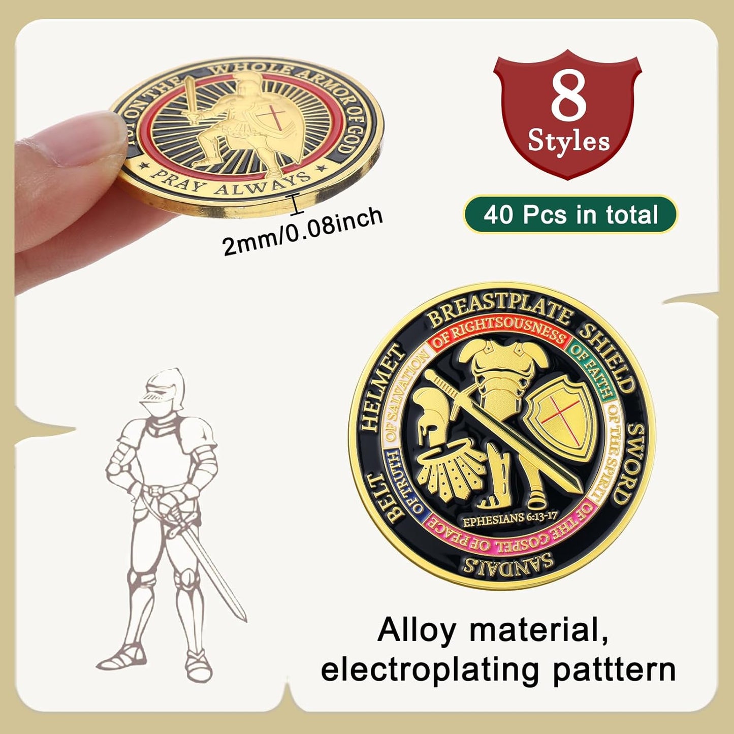 Armor of God Challenge Coin Set – 8 Styles Ephesians 6:13-17 • Pray Always (40 Pack)
