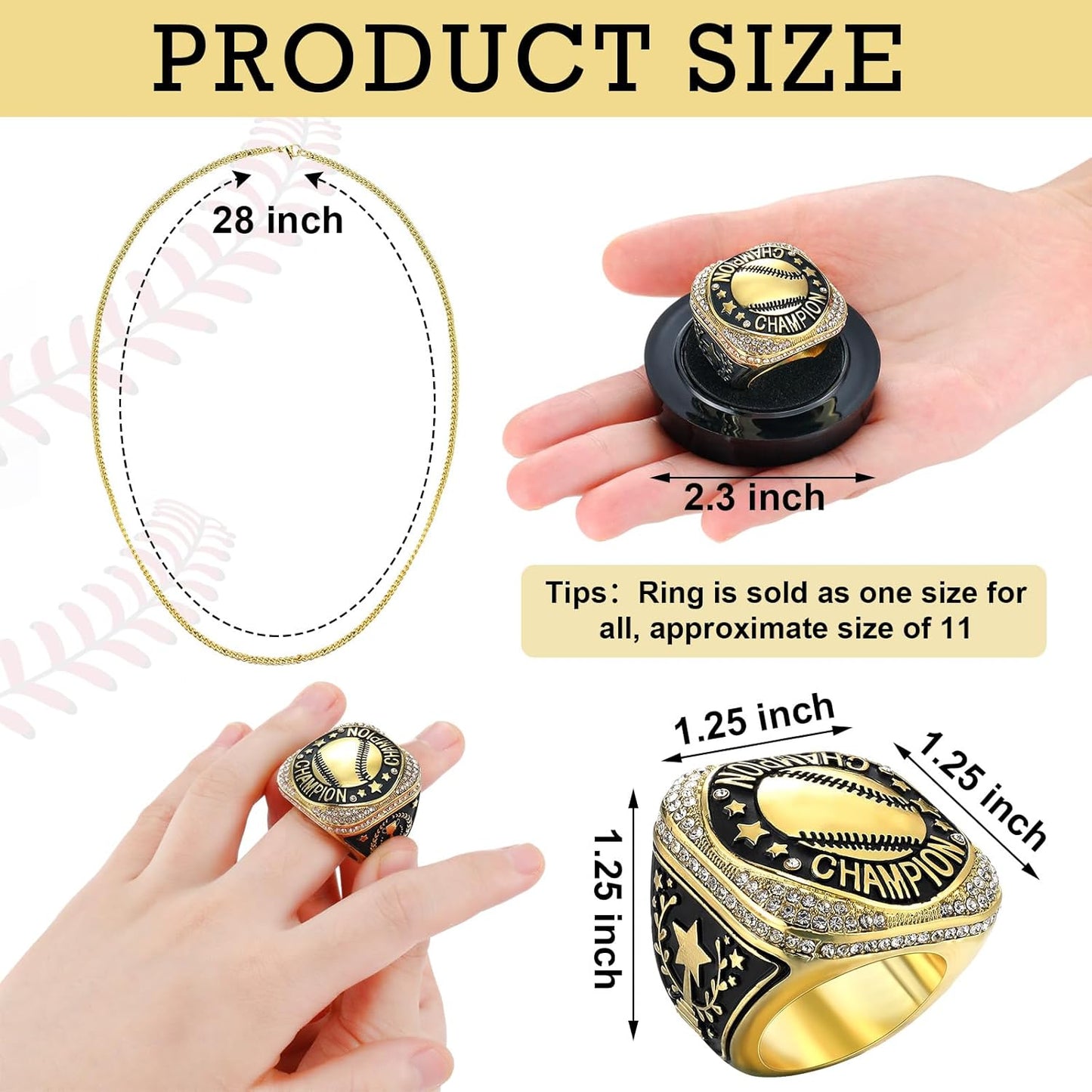 ⚾ 10 Pack Baseball Championship Ring Gold with Stand & Chain — Youth & Adult Sports