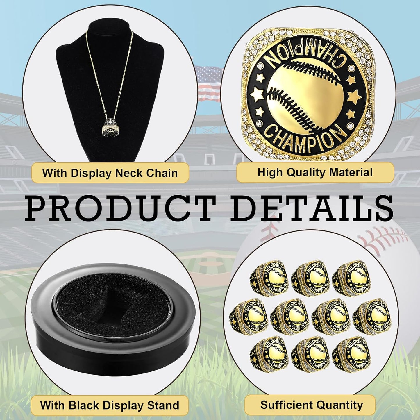 ⚾ 10 Pack Baseball Championship Ring Gold with Stand & Chain — Youth & Adult Sports