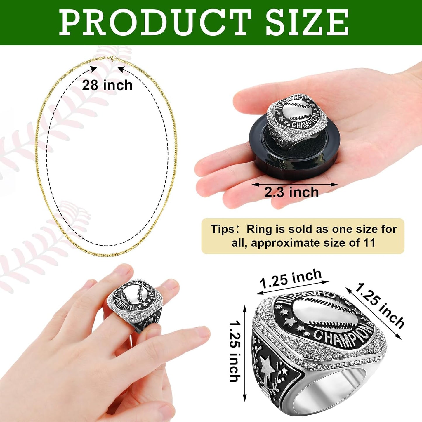 ⚾ 10 Pack Baseball Championship Ring Silver with Stand & Chain — Youth & Adult Sports