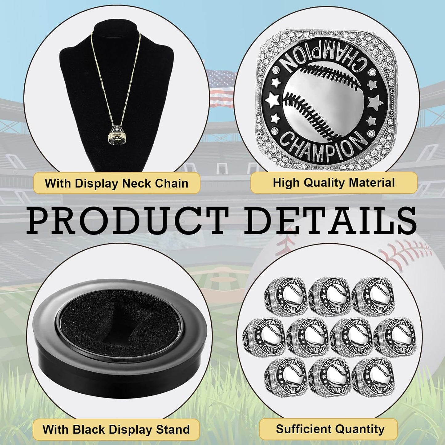 ⚾ 10 Pack Baseball Championship Ring Silver with Stand & Chain — Youth & Adult Sports