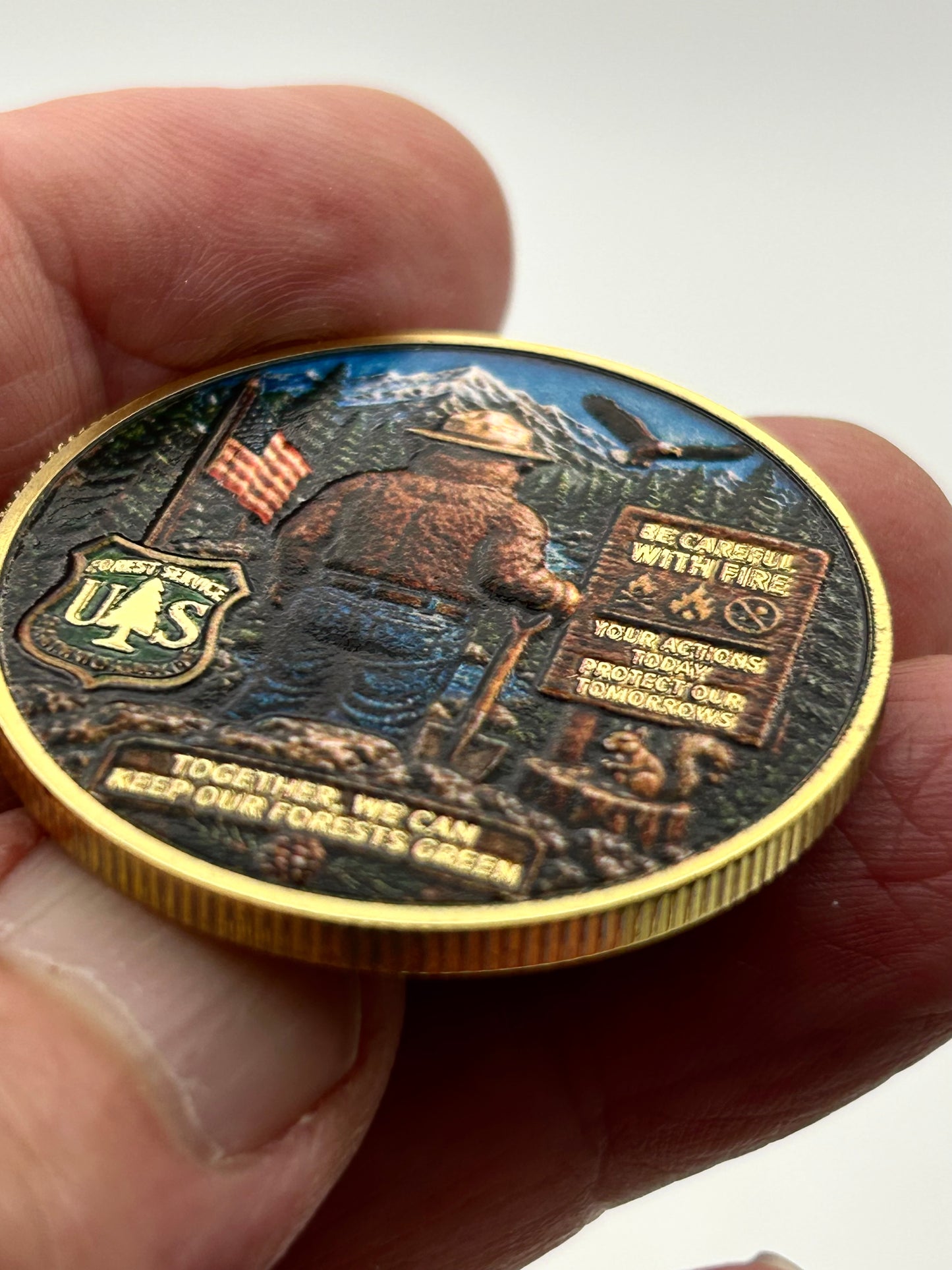 Smokey the Bear US Forest Service Challenge Coin – 40mm Antique Gold
