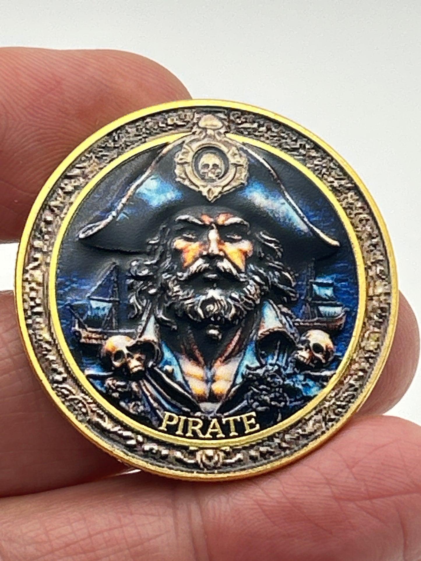 Pirate Captain Challenge Coin – Golf Ball Marker | Vivid Color Gold Rim (40mm)
