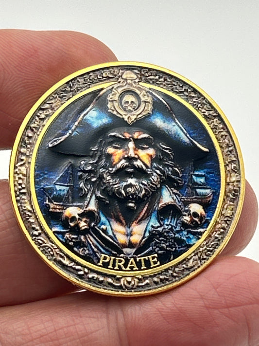 Pirate Captain Challenge Coin – Golf Ball Marker | Vivid Color Gold Rim (40mm)