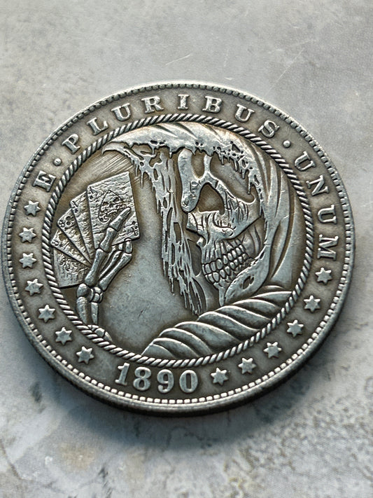 1890-CC Morgan Dollar Novelty Coin – Hobo Nickel Style Grim Reaper Poker Hand | E Pluribus Unum (38mm)