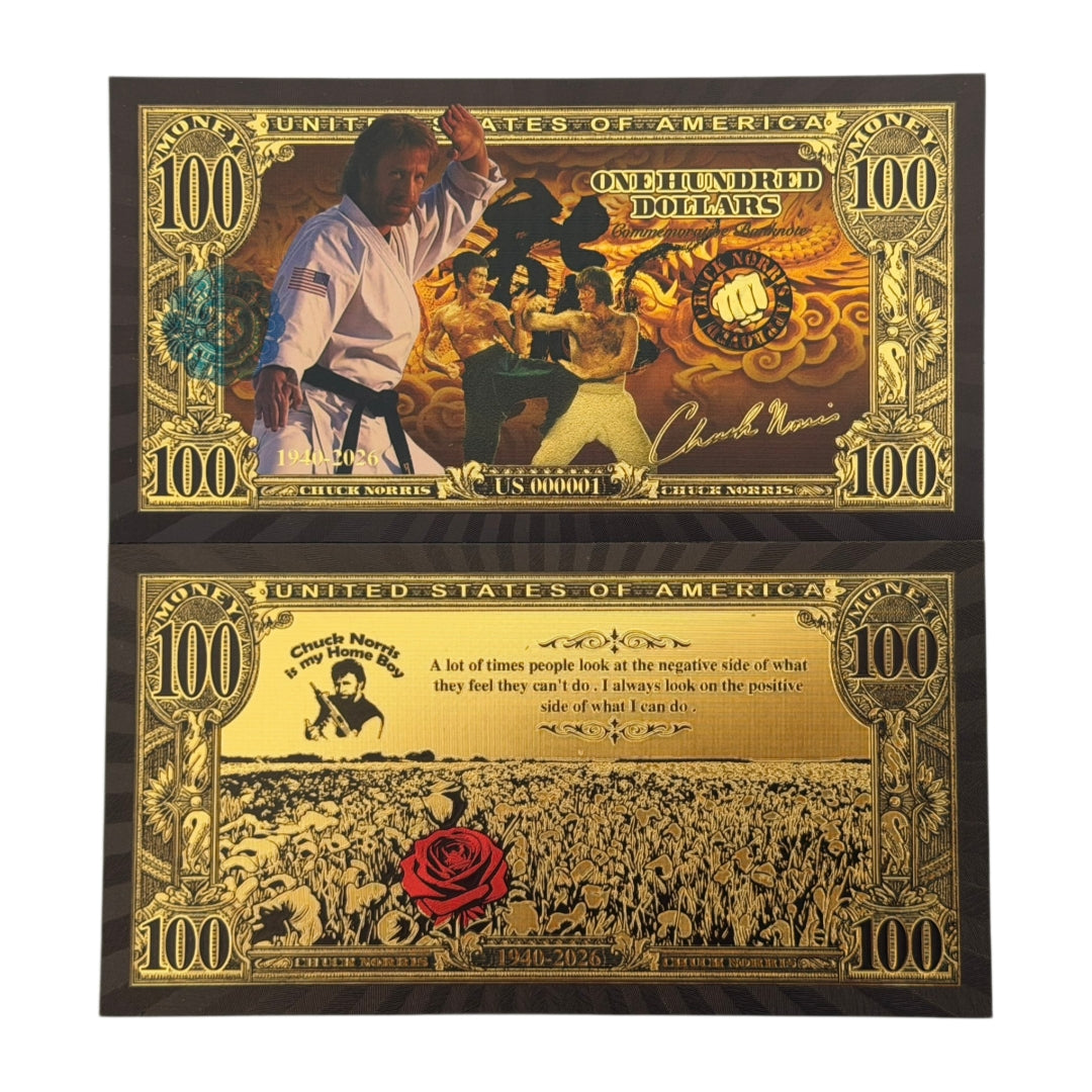 2 Sets-4 Pcs per Set-Chuck Norris Commemorative Black & Gold 24K Gold Foil Banknotes