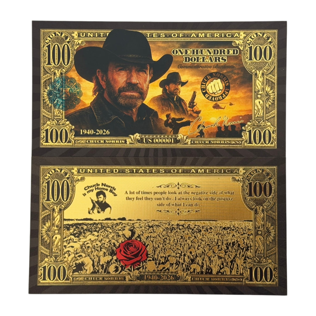 2 Sets-4 Pcs per Set-Chuck Norris Commemorative Black & Gold 24K Gold Foil Banknotes