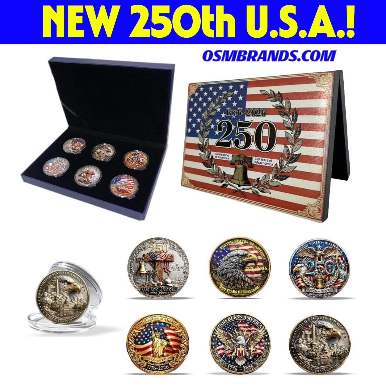 6PCS USA 250th Anniversary Commemorative Coin Gift Set, 250th Year American USA Anniversary Commemorative Coins with Case Collectible Gifts