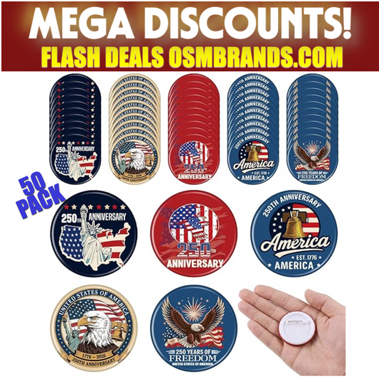 50 Pcs Patriotic 250th Birthday Buttons Pins Bulk 1.5 Inch Round 250th Anniversary Celebrating USA Pin Back Button Badges Patriots' Day Independence Day Decorations for Women Men Backpack Bags