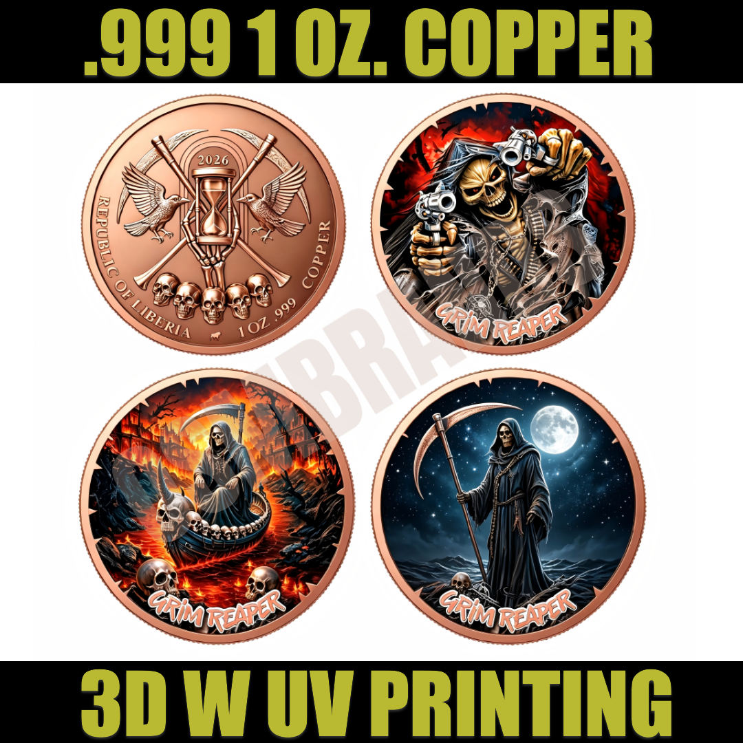 1 Troy Oz. .999 Copper Grim Reaper Challenge Coin Set – 3 Designs | 40mm | Mix & Match (Minimum 12 Pcs)