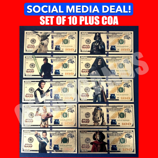 Star Wars Gold Foil Banknote Set – 10 Characters + Certificate of Authenticity