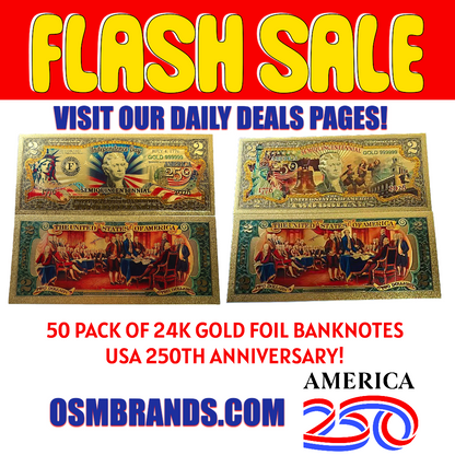 10-50 Pack 24K Gold Foil Banknotes $2 USA 2026 250th Anniversary Collectibles 2 Styles