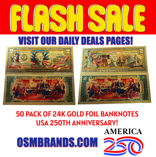 50 Pack 24K Gold Foil Banknotes $2 USA 2026 250th Anniversary Collectibles 2 Styles