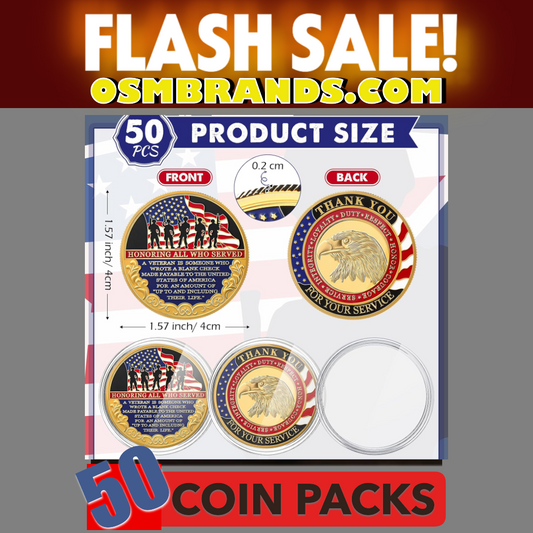 50 Pcs Military Veteran Challenge Coin Double Sided Engraving Honoring All Who Served Military Appreciation Gift Coin for Veterans Collectors