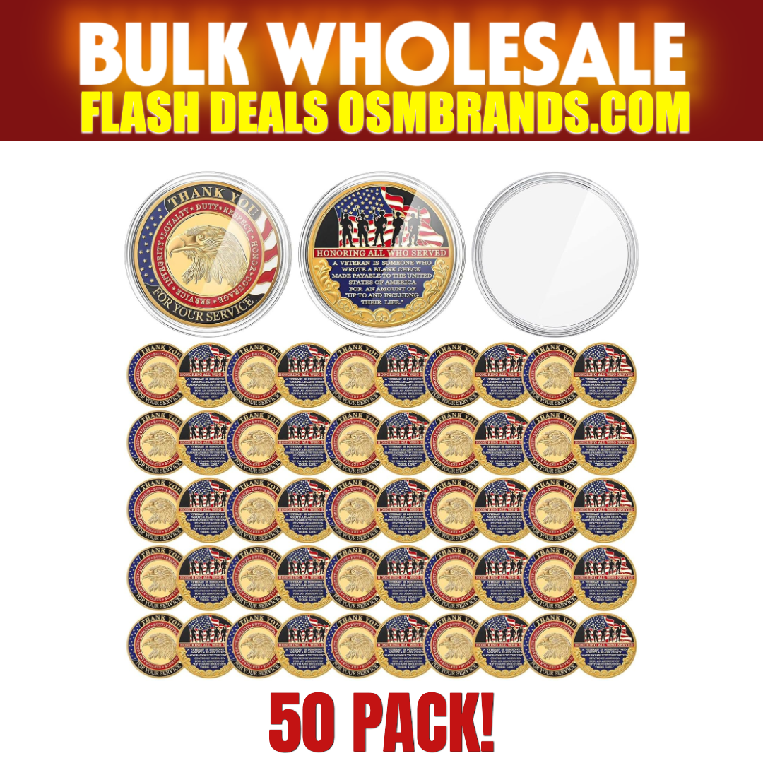 Honoring All Who Served Veteran Challenge Coin — Thank You For Your Service — 50 Pack