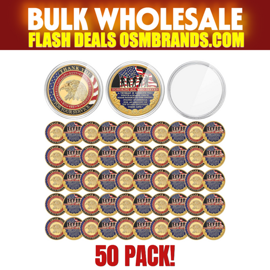 Honoring All Who Served Veteran Challenge Coin — Thank You For Your Service — 50 Pack
