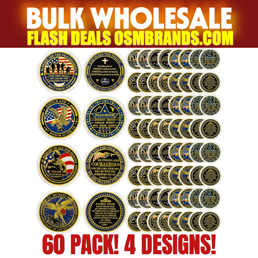 60 Piece Police Challenge Coin Set — 4 Designs | God Bless the Police | Law Enforcement Gift