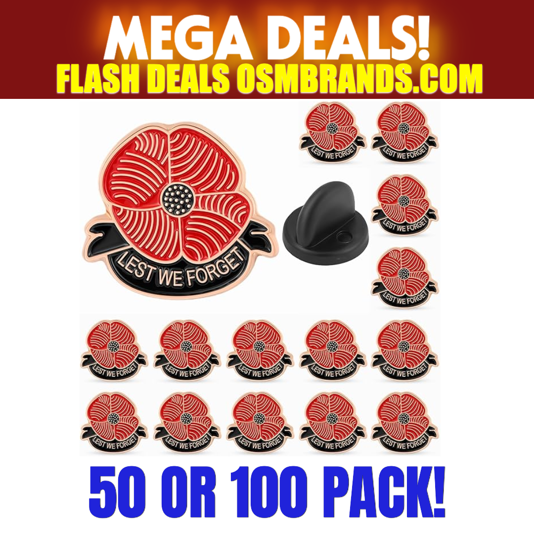 Lest We Forget Red Poppy Lapel Pin – Memorial Enamel Pin (50 OR 100 Pack)