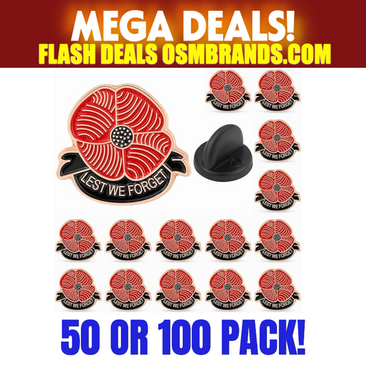 Lest We Forget Red Poppy Lapel Pin – Memorial Enamel Pin (50 OR 100 Pack)