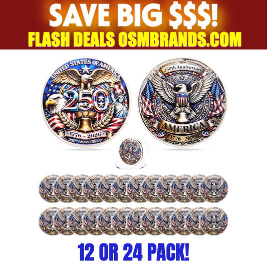 USA 250th Anniversary Challenge Coin – America 1776-2026 with Acrylic Case (12 or 24 Pack)