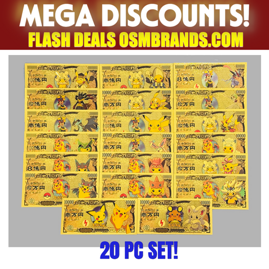 Pokémon 20 PC 24K Gold Foil Banknote Set – Pikachu & Friends Collectible Currency