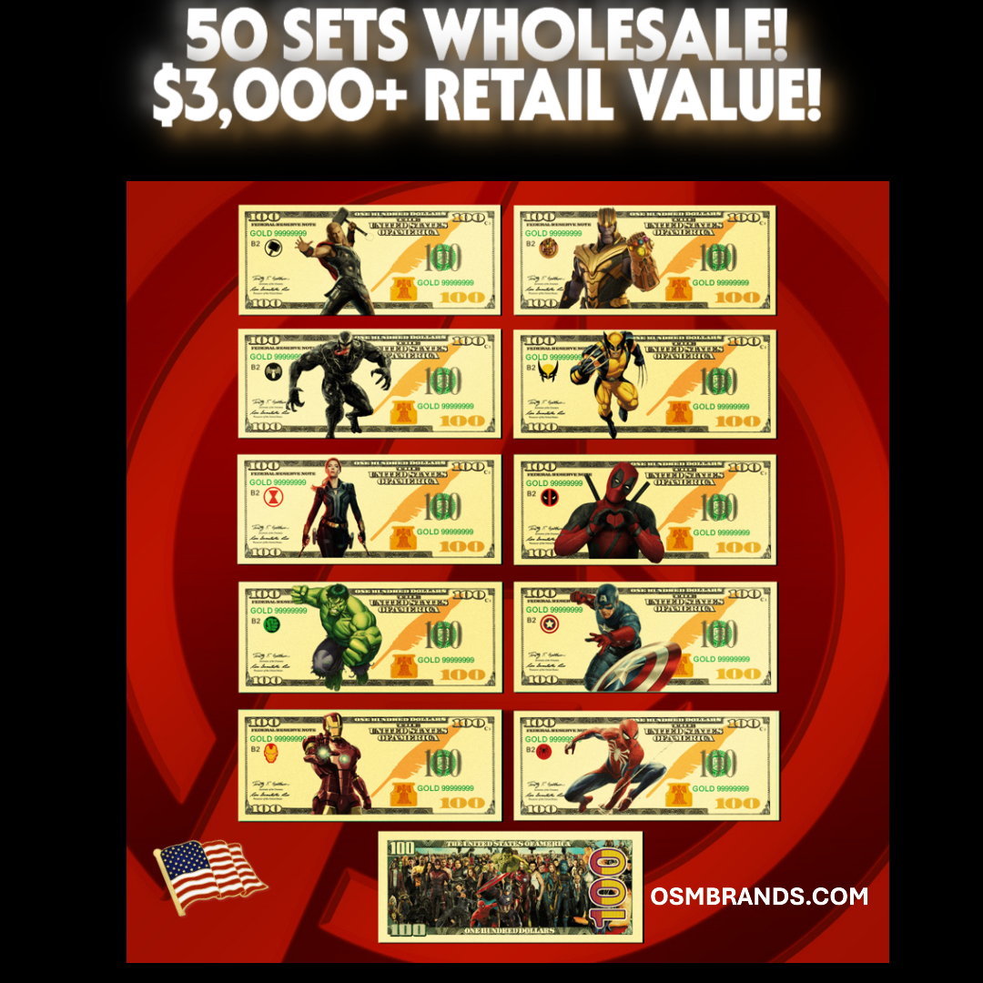 50 SETS (500 PCS TOTAL) MARVEL 24K GOLD BANKNOTE SETS-$3,000 RETAIL VALUE!