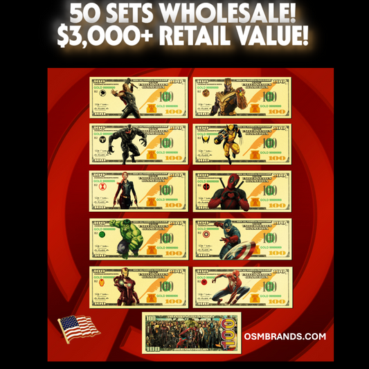 50 SETS (500 PCS TOTAL) MARVEL 24K GOLD BANKNOTE SETS-$3,000 RETAIL VALUE!
