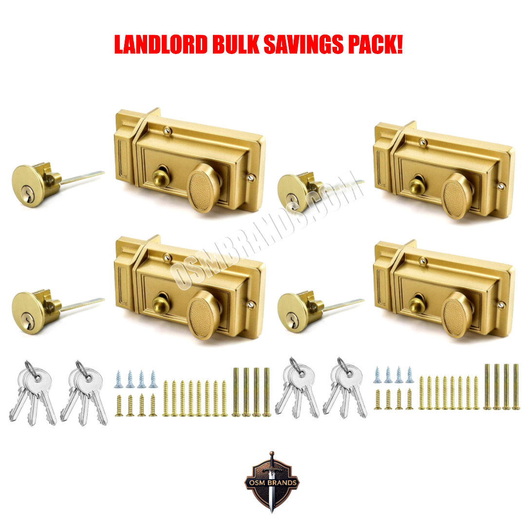 4 Pack Night Latch Deadbolt Rim Lock with Key, Gold Finish Antique Style Lock with Front/Rear Door Key