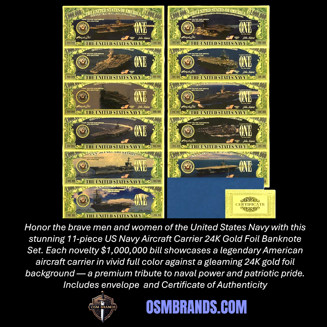 US Navy Aircraft Carrier 24K Gold Foil Banknote Set – 11 Pc | $1,000,000 Collectible Currency with Certificate
