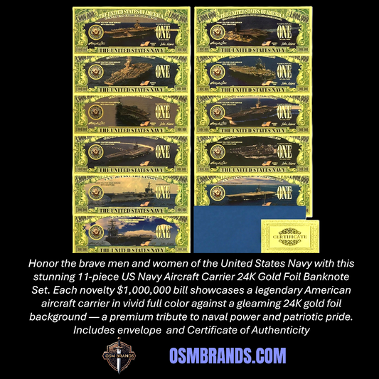 US Navy Aircraft Carrier 24K Gold Foil Banknote Set – 11 Pc | $1,000,000 Collectible Currency with Certificate