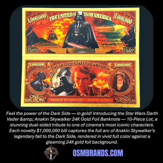 Star Wars Darth Vader & Anakin Skywalker 24K Gold Foil Banknote – 10 Pc Lot | $1,000,000 Collectible Currency