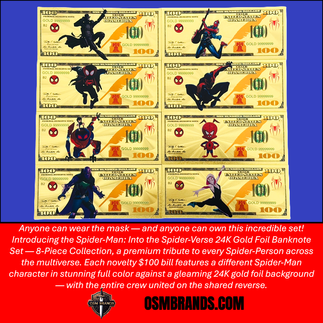 Spider-Man Into the Spider-Verse 24K Gold Foil Banknote Set – 8 Pc | $100 Collectible Currency
