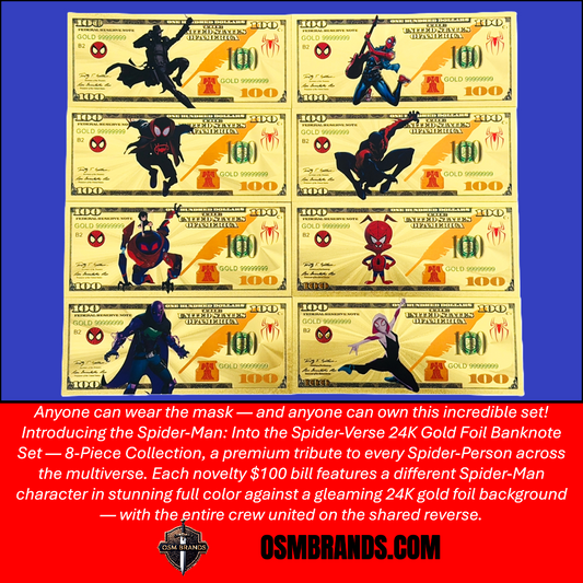 Spider-Man Into the Spider-Verse 24K Gold Foil Banknote Set – 8 Pc | $100 Collectible Currency