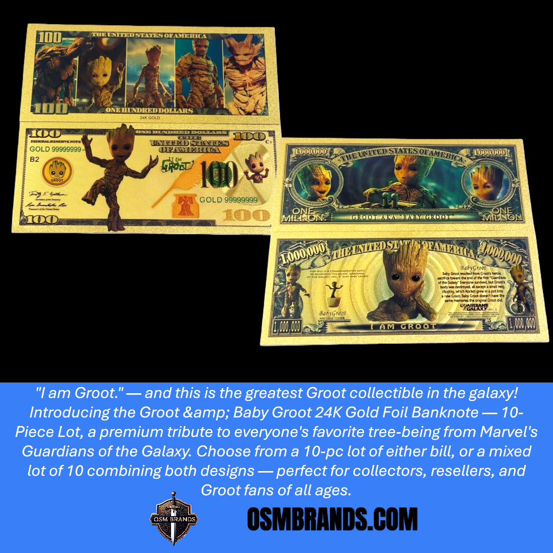 Groot & Baby Groot 24K Gold Foil Banknote – 10 Pc Lot | Guardians of the Galaxy Collectible Currency