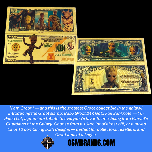 Groot & Baby Groot 24K Gold Foil Banknote – 10 Pc Lot | Guardians of the Galaxy Collectible Currency