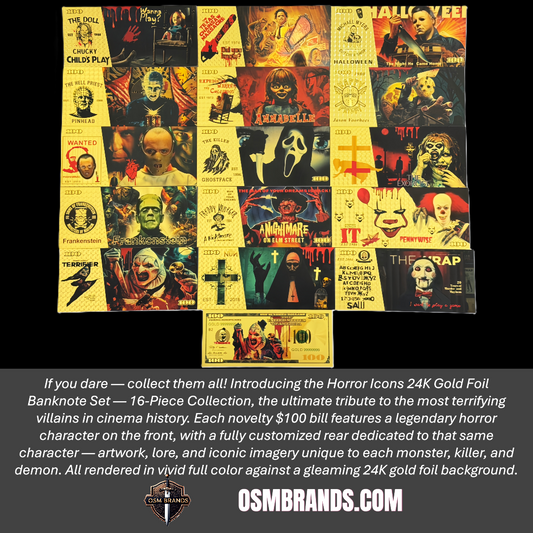 Horror Icons 24K Gold Foil Banknote Set – 16 Pc | Classic Horror Movie Collectible Currency