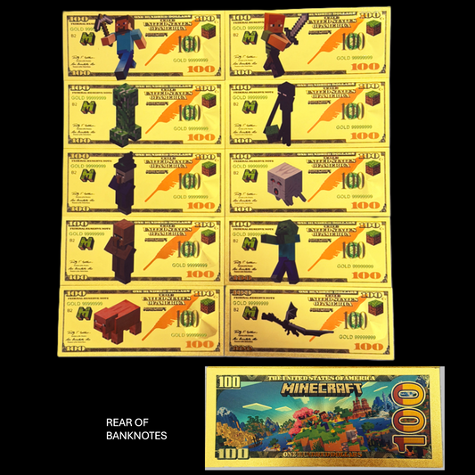 Minecraft 24K Gold Foil Banknote Set — 10 Pc | Collectible Novelty Currency