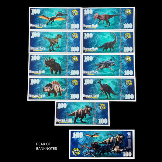 Dinosaur World Silver Foil Banknote Set — 9 Pc | Collectible Novelty Currency