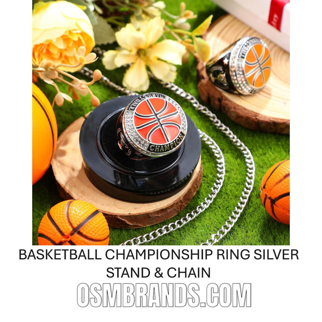 🏀 10 Pack Basketball Championship Ring Silver with Stand & Chain — Youth & Adult Sports