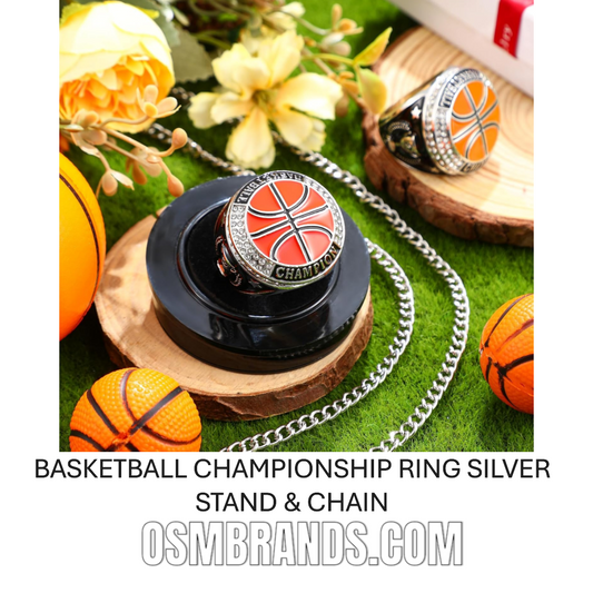 🏀 10 Pack Basketball Championship Ring Silver with Stand & Chain — Youth & Adult Sports