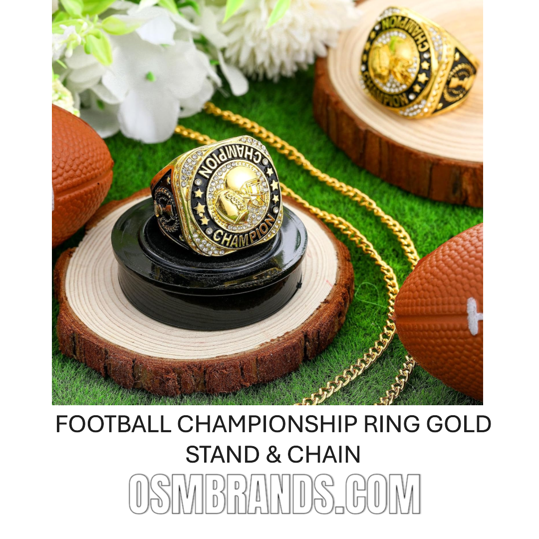 🏈 10 Pack Football Championship Ring Gold with Stand & Chain — Youth & Adult Sports