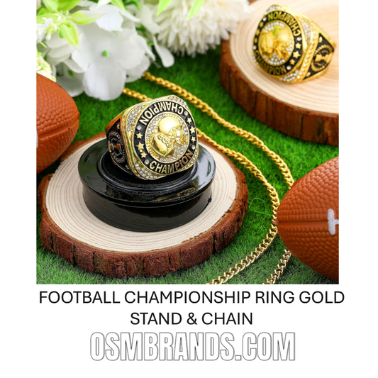 🏈 10 Pack Football Championship Ring Gold with Stand & Chain — Youth & Adult Sports