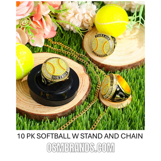 10 Pack Softball Championship Rings with Display Stand and Chain