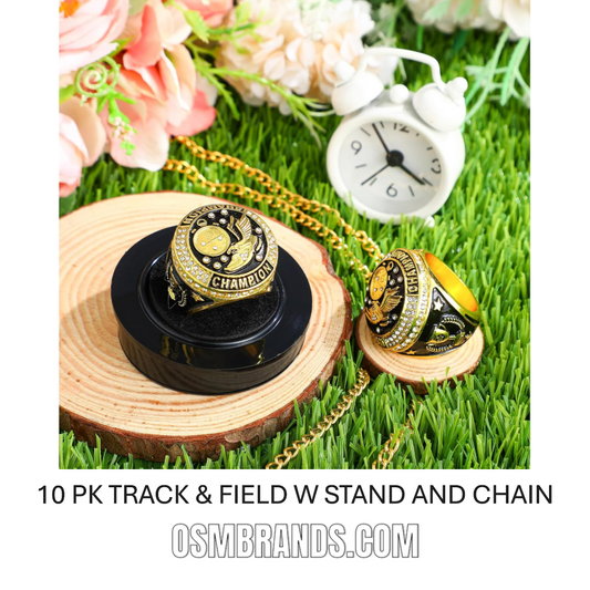 10 Pack Track & Field Championship Rings with Display Stand and Chain