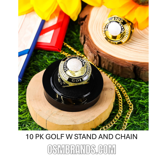 10 Pack Golf Championship Rings with Display Stand and Chain