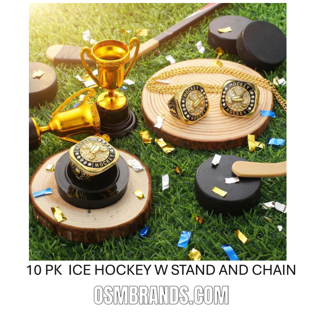 10 Pack Ice Hockey Championship Rings with Display Stand and Chain